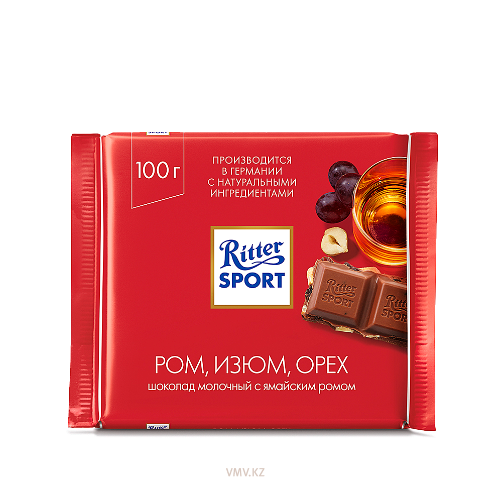 Шоколад RITTER SPORT Молочный с ромом изюм и орехом 100г м/у - Заказать |  Цена 726 тг. | Доставка