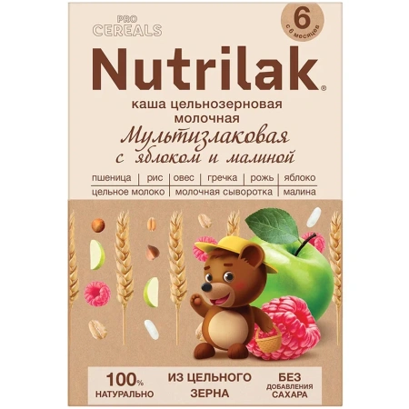 Каша NUTRILAK Premium Мультизлаковая с яблоком и малиной 200г