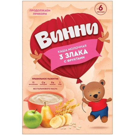 Каша ВИННИ Молочная 3 злака с фруктами 6мес + 200г кор